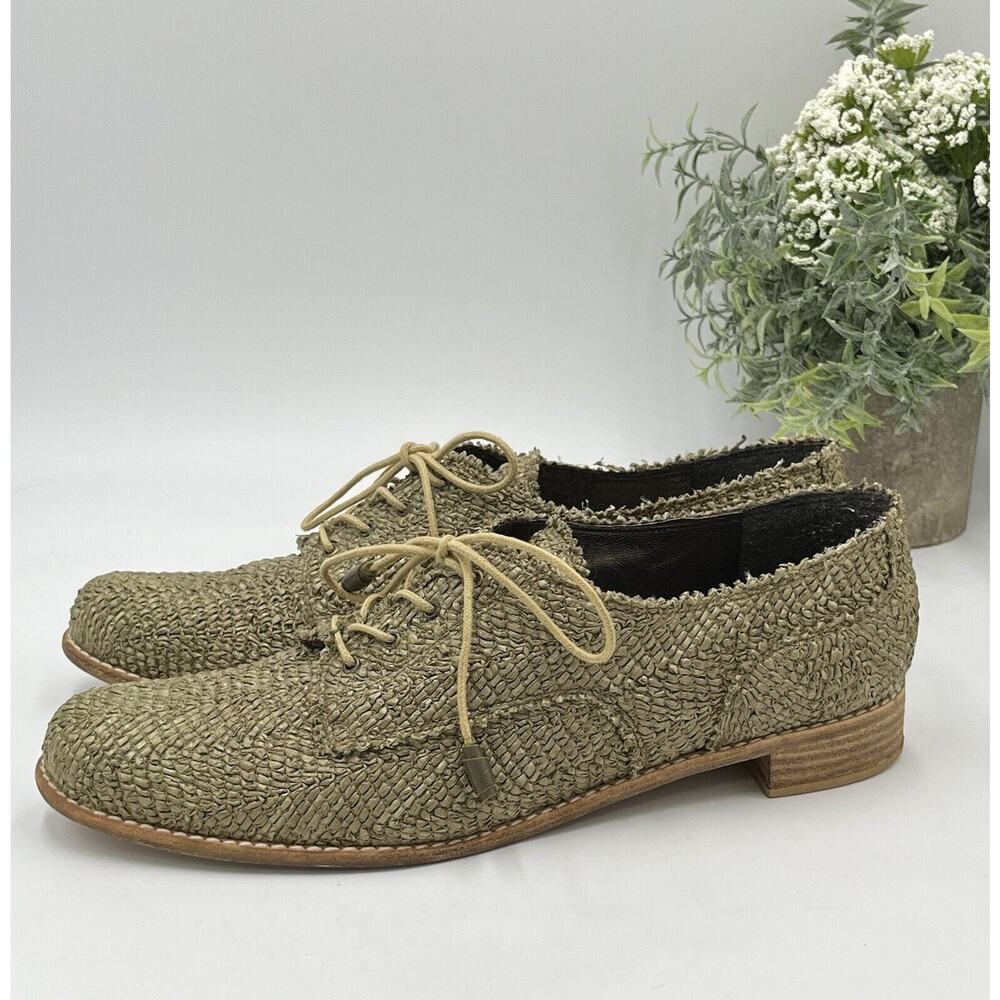 Stuart Weitzman Green Raffia‎ Weave Summer Lace Up Wood Heel Oxfords Sz 39/8.5